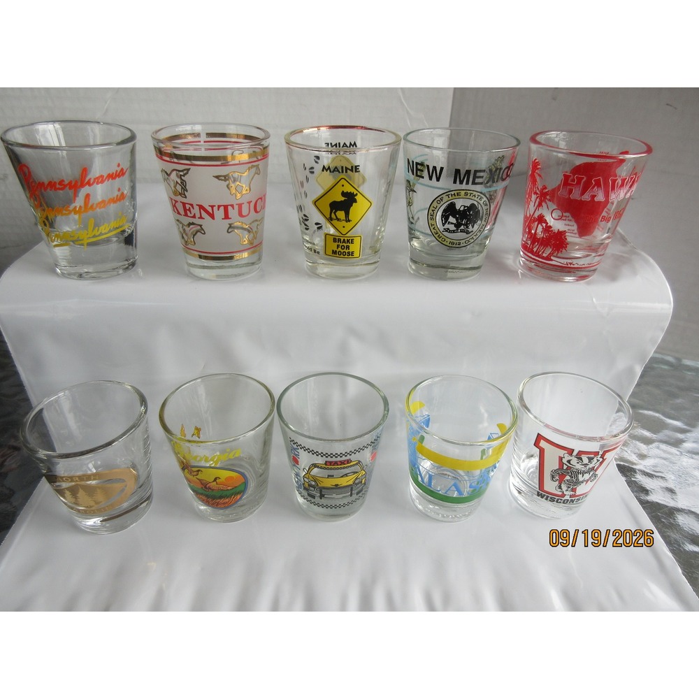Vintage Souvenir Shot Glass Lot of 10 US States Hawaii Alaska New York Wisconsin
